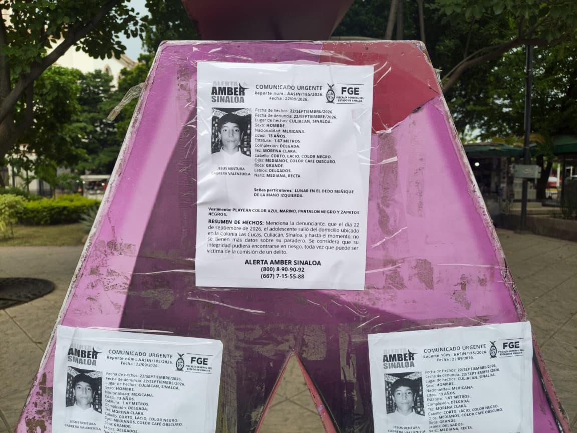 $!Tapizan letras de Culiacán con ficha del adolescente Jesús Ventura Cabrera, desaparecido hace 11 días