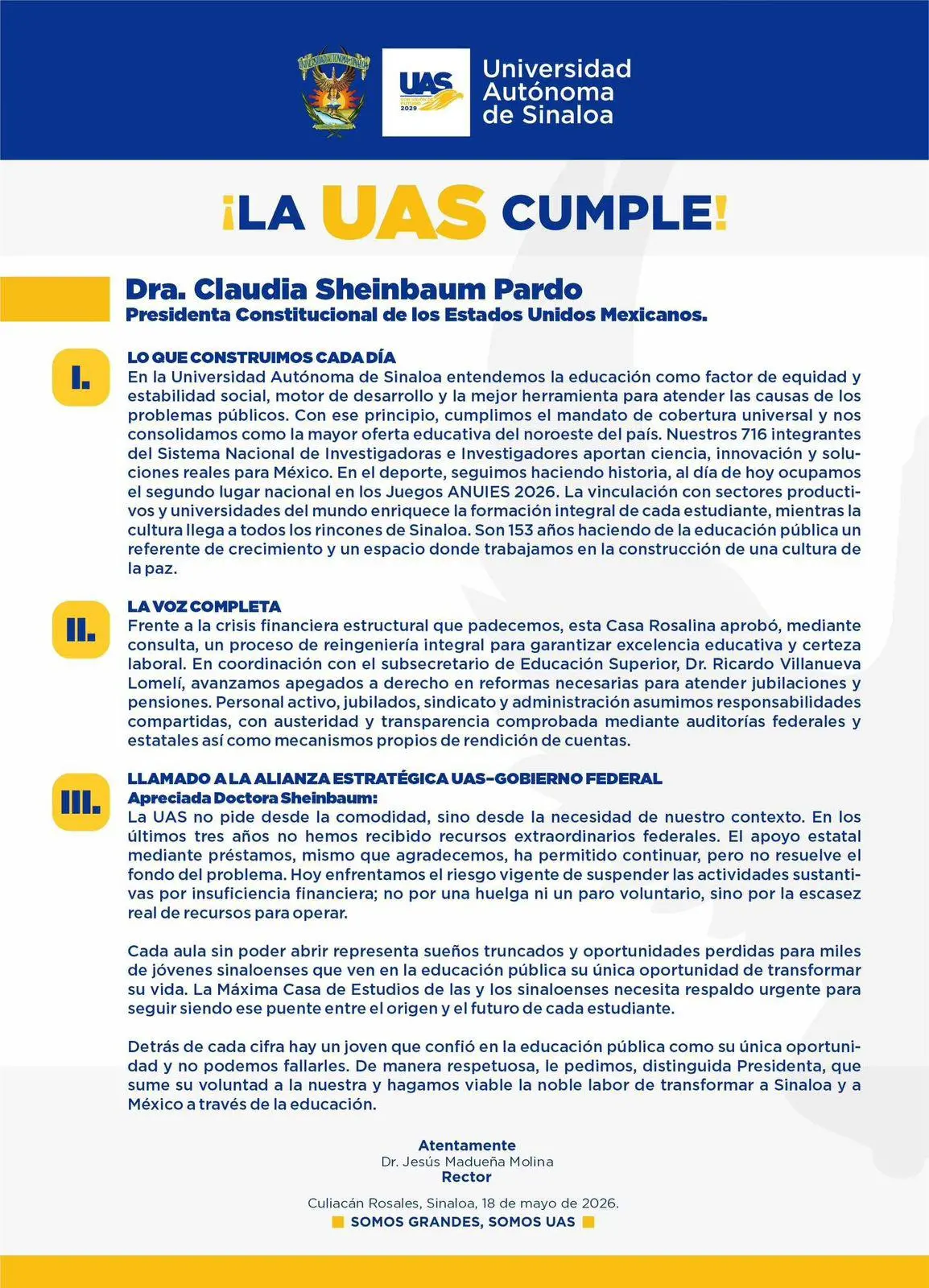 $!Advierte UAS suspensión de actividades por crisis financiera; pide apoyo a Sheinbaum