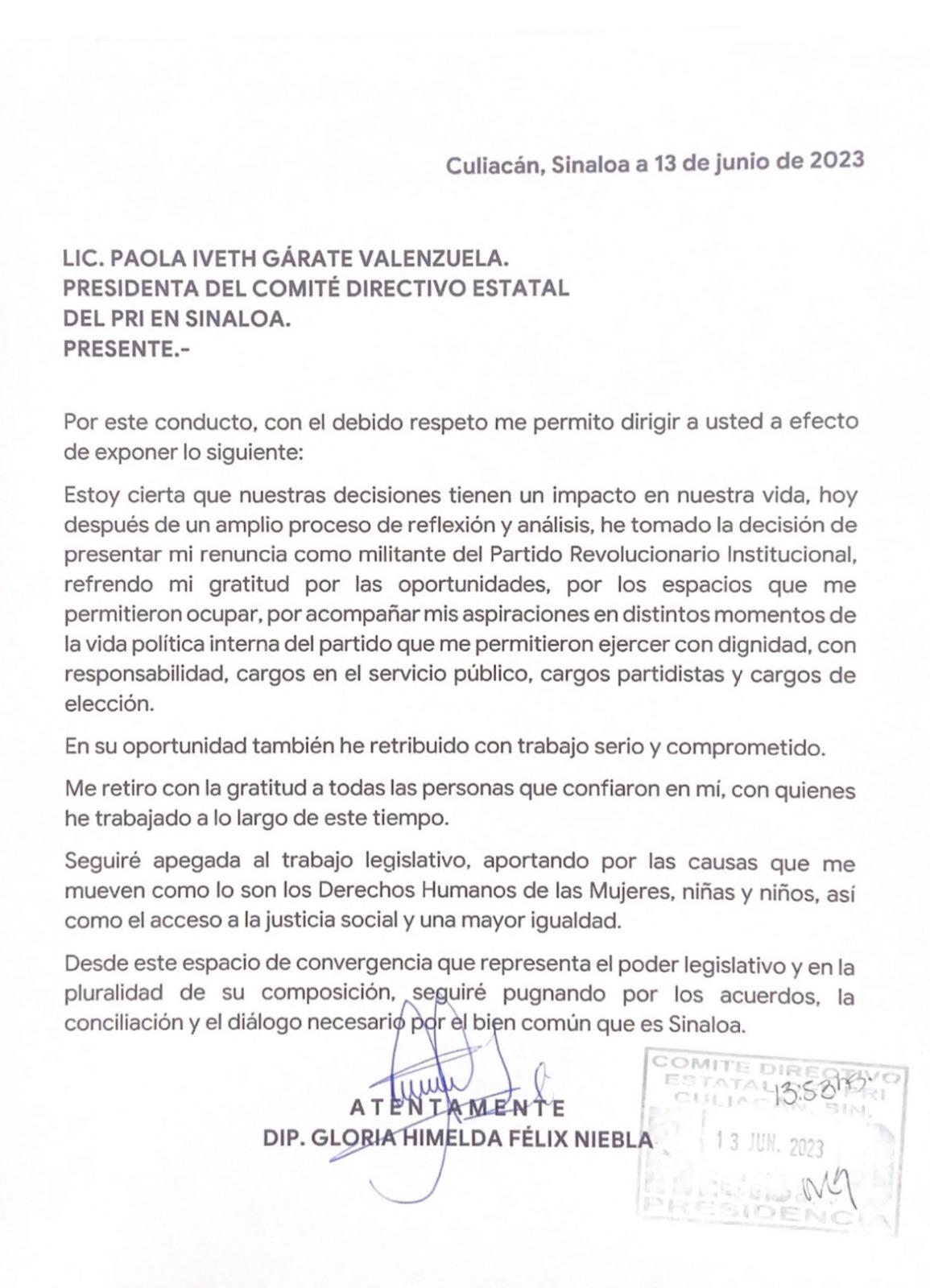 $!También Gloria Himelda se separa del PRI