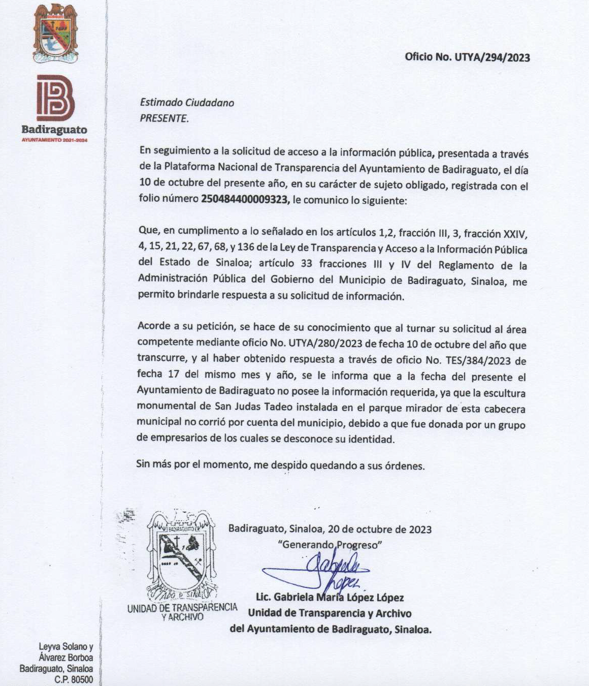 $!¿Quién donó la escultura de San Judas Tadeo en Badiraguato? El Ayuntamiento no sabe