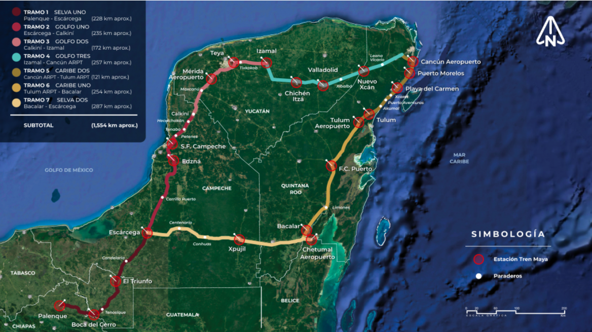 $!El mapa muestra los diferentes tramos que contempla el proyecto del Tren Maya.