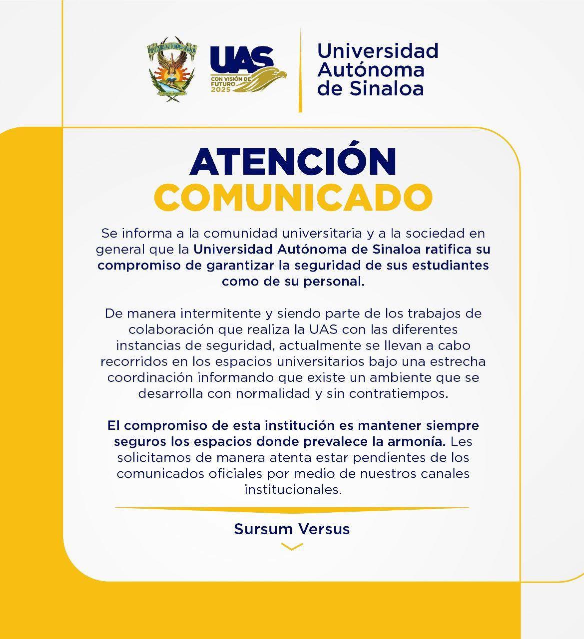 $!Tras rumor de personas armadas en CU, UAS garantiza que cuida a los estudiantes y al personal