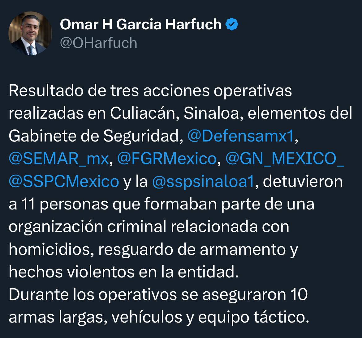 $!Harfuch reporta detención de 11 presuntos criminales en operativo en Culiacán