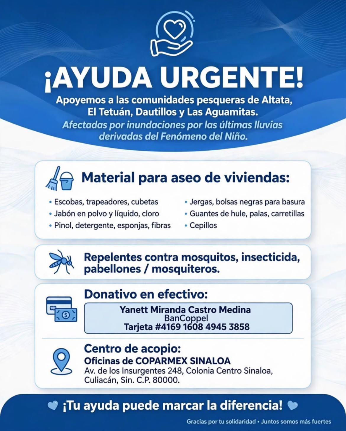 $!Piden apoyo urgente para familias de comunidades pesqueras afectadas por inundaciones