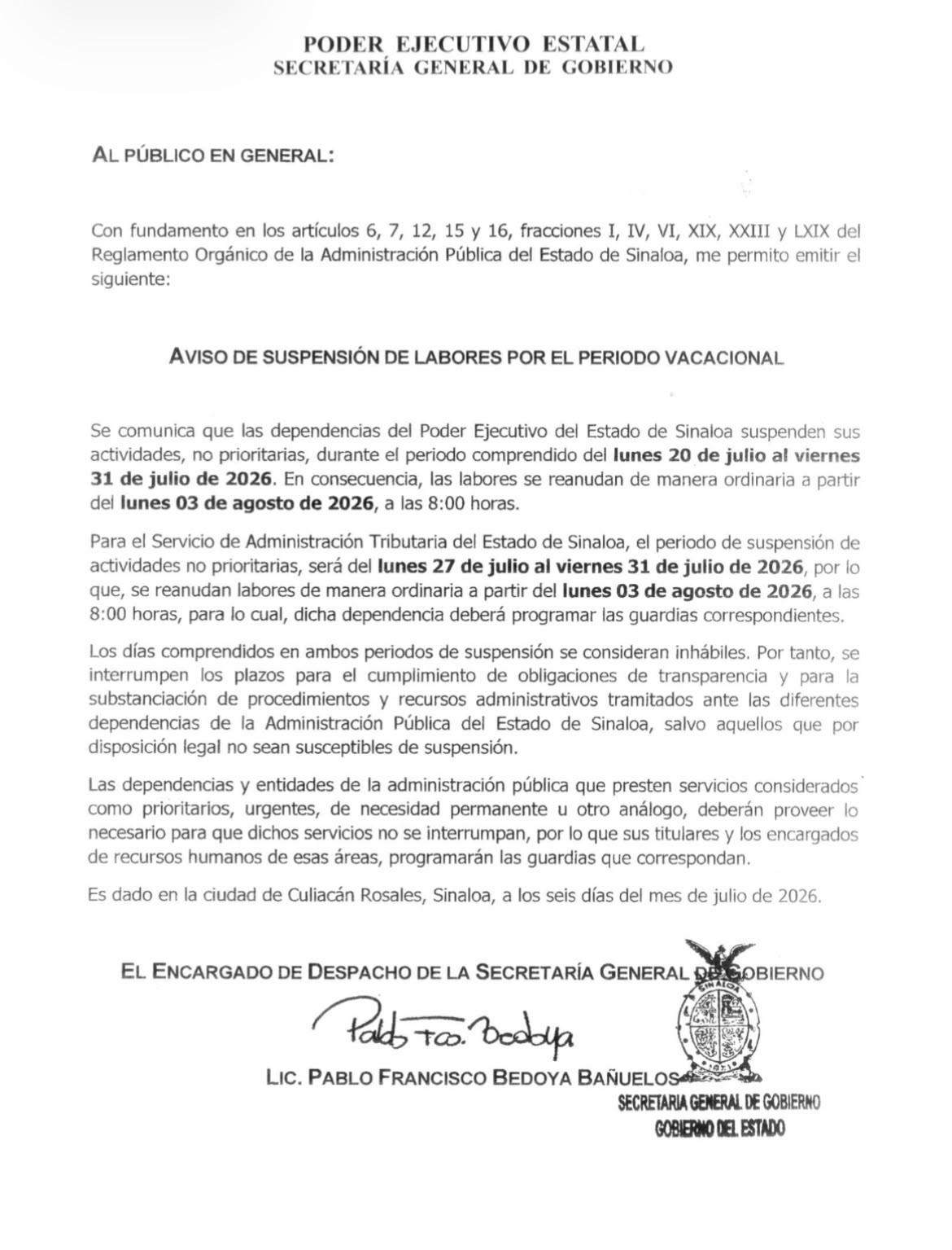 $!Suspenderá Gobierno de Sinaloa labores del 20 al 31 de julio por periodo vacacional