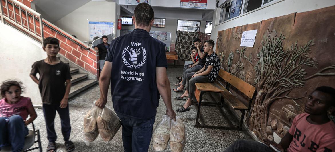 $!Distribución de pan en una escuela de UNRWA en Gaza.