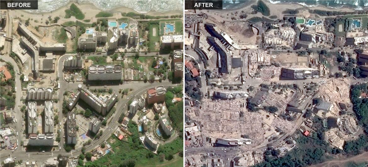 $!Imágenes satelitales muestran edificios de gran altura en Caraballeda, Venezuela, antes (izquierda) y después de los terremotos que azotaron el país el 24 de junio.