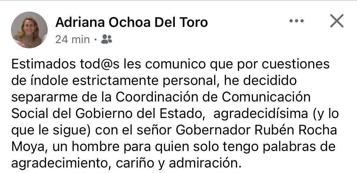 $!Adriana Ochoa deja Coordinación de Comunicación Social del Gobierno de Sinaloa