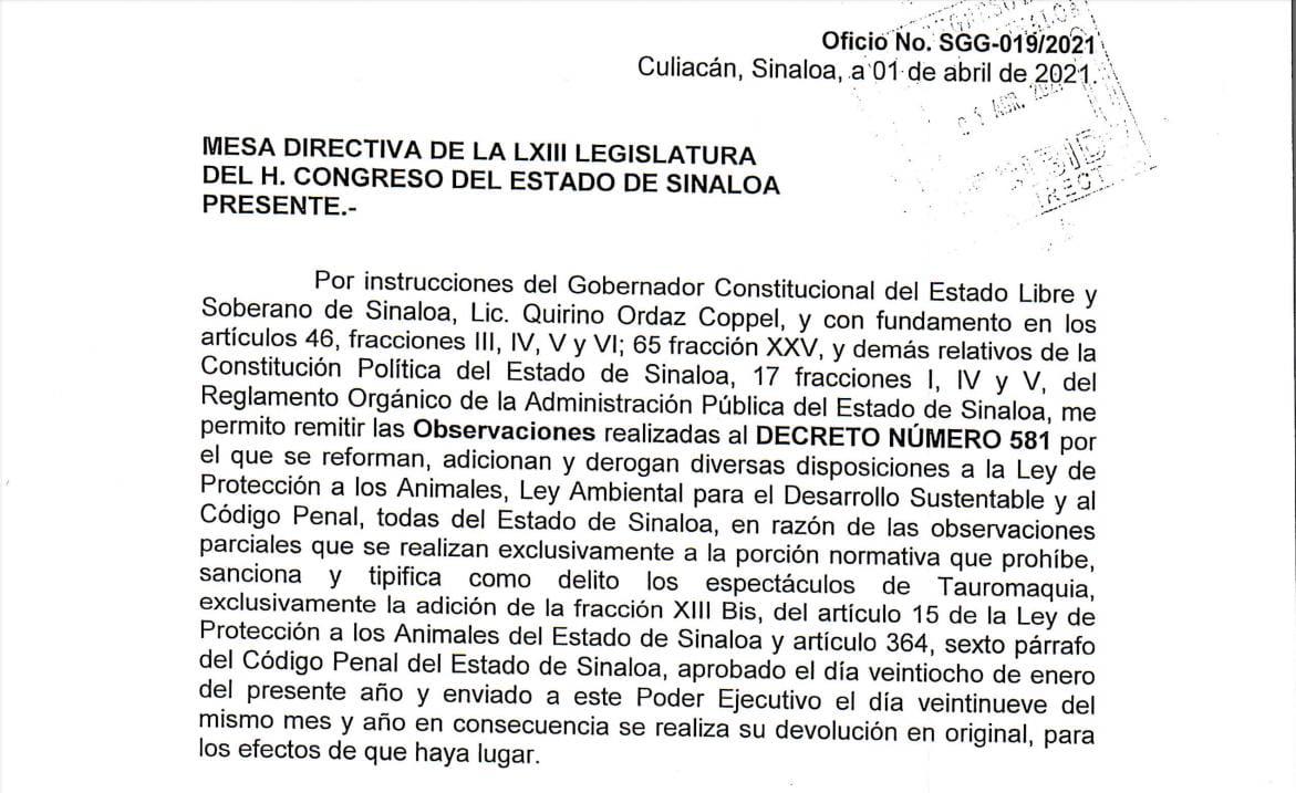 $!Quirino veta reforma animal que prohíbe y penaliza la tauromaquia en Sinaloa