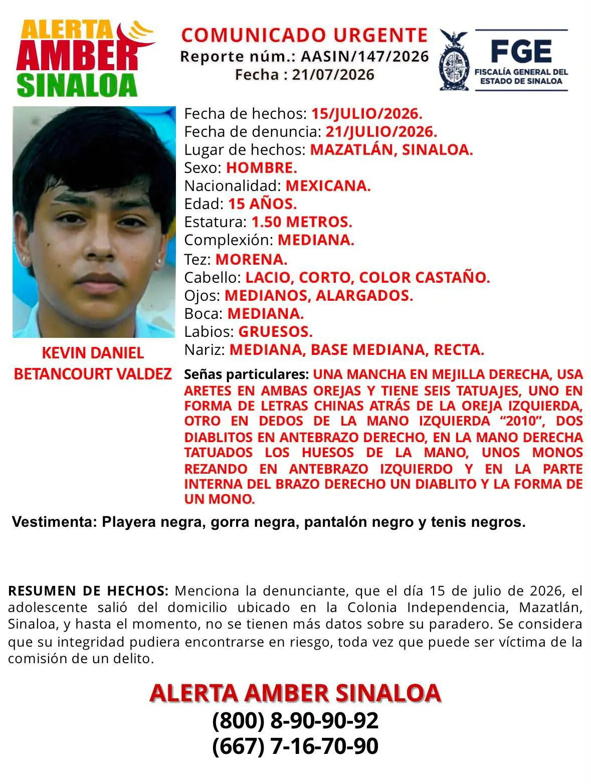 $!Buscan a Kevin Daniel, de 15 años; desapareció en la colonia Independencia de Mazatlán