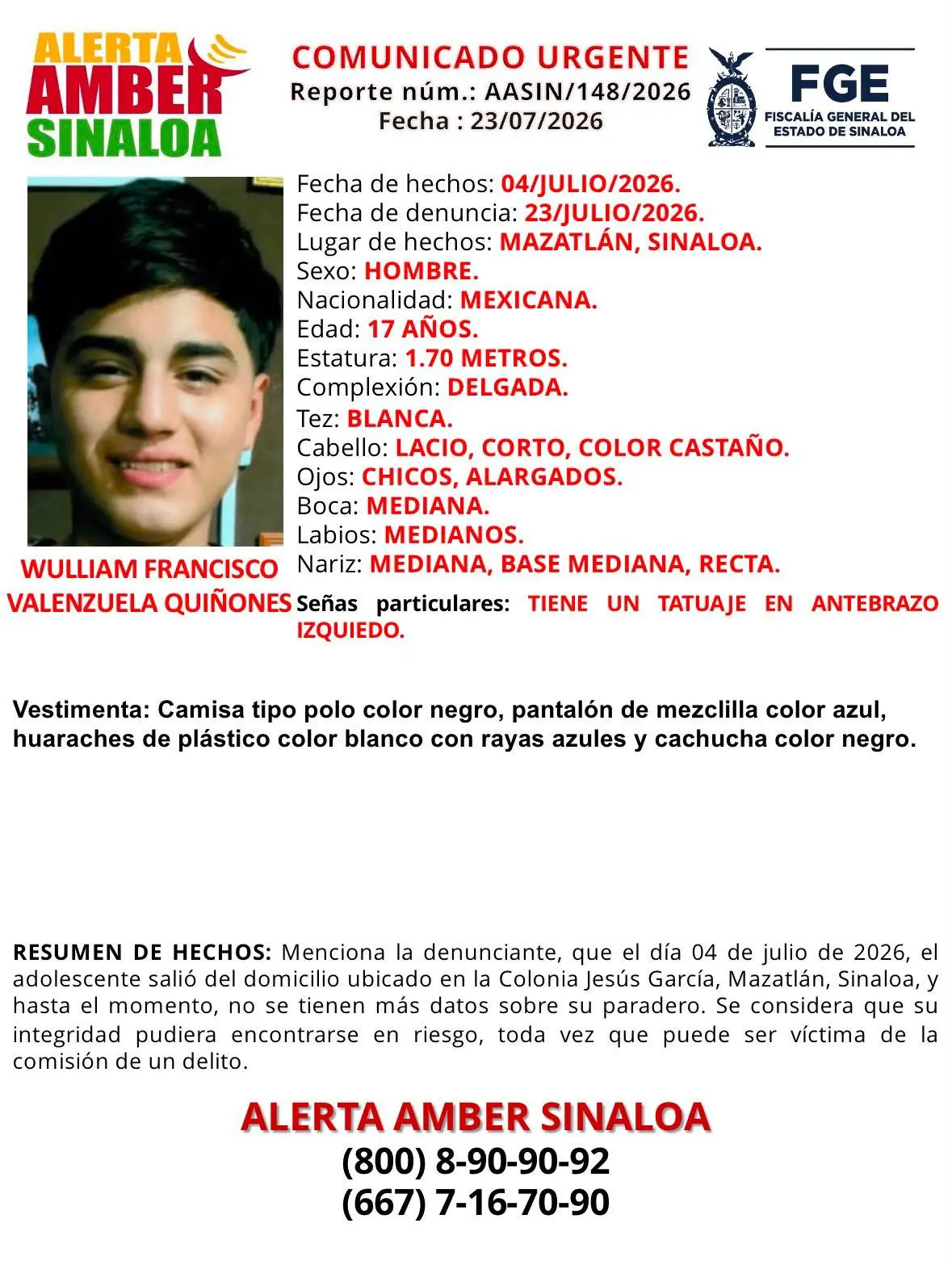 $!Buscan a adolescente de 17 años desaparecido en Mazatlán desde el 4 de julio
