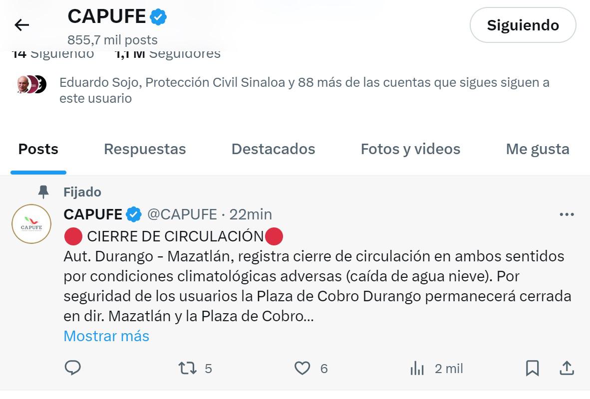 $!Cierran totalmente la Durango-Mazatlán, en Coscomate, por caída de aguanieve
