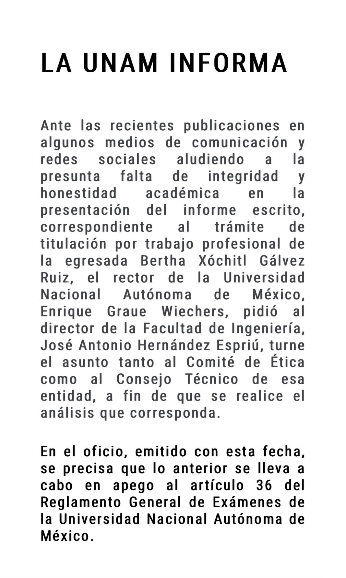 $!Rector de la UNAM pide analizar presunto plagio de Xóchitl en trabajo de titulación