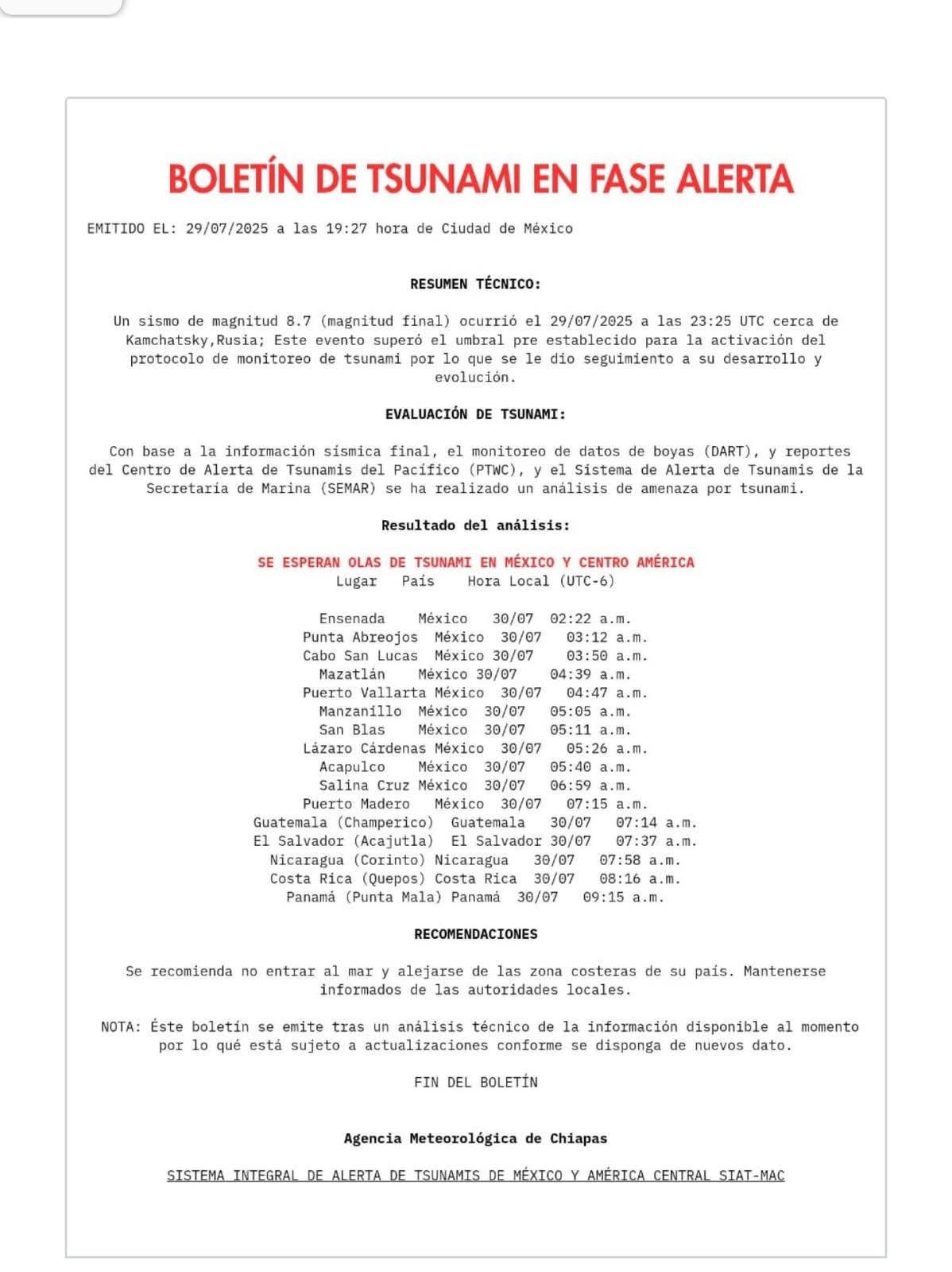 $!Semar emite alerta de variaciones del nivel del mar en las costas del Pacífico mexicano, tras terremoto en Rusia