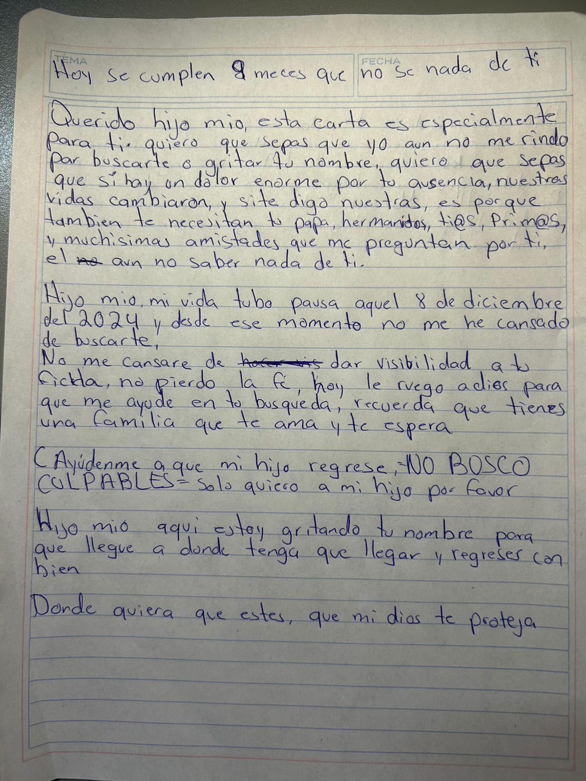 $!A nueve meses de la desaparición de Roisser, su madre clama por su regreso y escribe una carta de esperanza