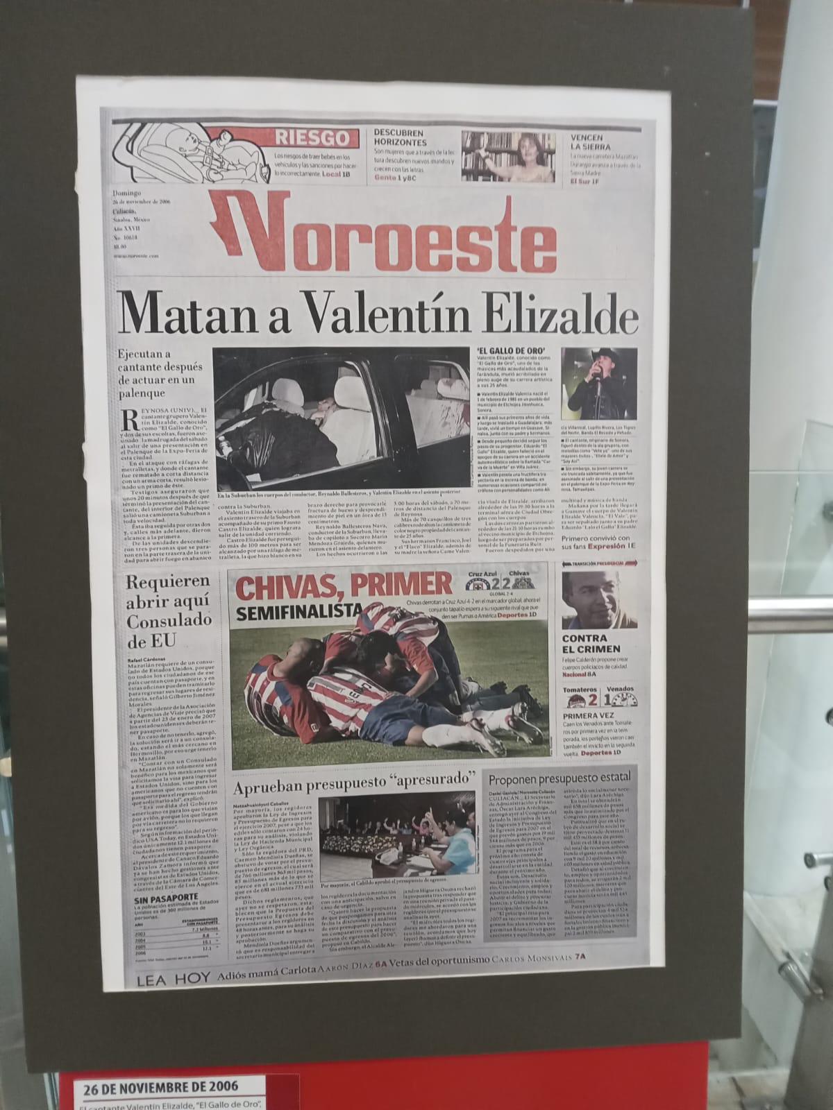 $!La muerte del cantante Valentín Elizalde es una de las portadas que forma parte de la muestra.