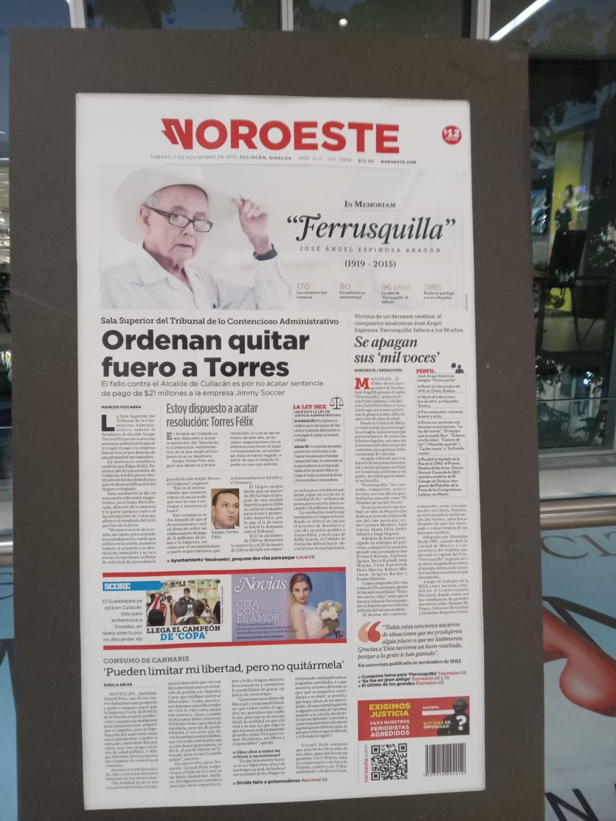 $!La muerte del sinaloense ejemplar “Ferrusquilla” fue otro de los sucesos lamentables en Sinaloa.