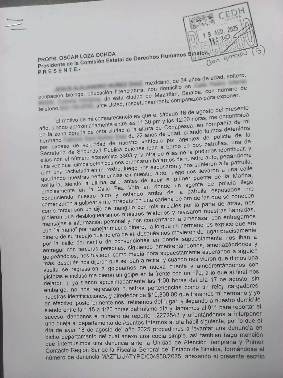 $!Familia de turistas denuncia abuso policial por golpes, robo y secuestro exprés, en Mazatlán