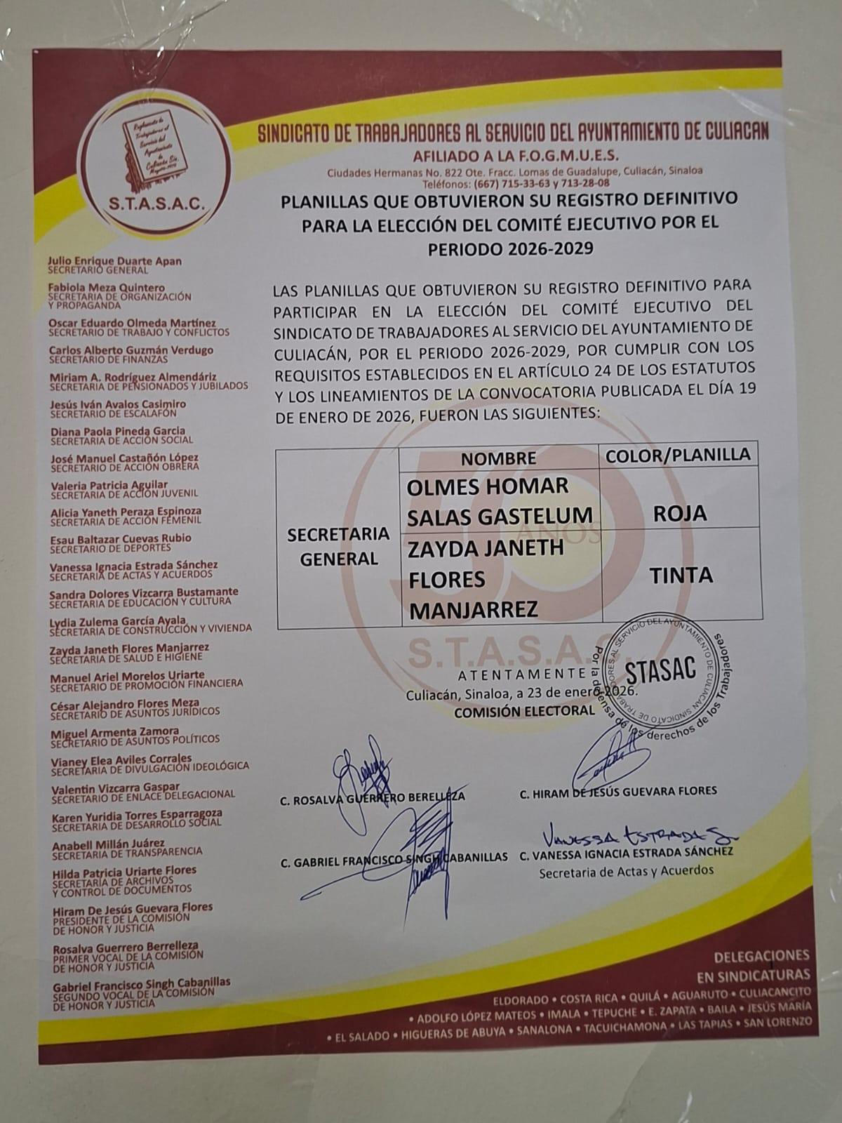 $!Dos aspirantes declinan contender por la dirigencia del STASAC; va Zayda Flores y Homar Salas