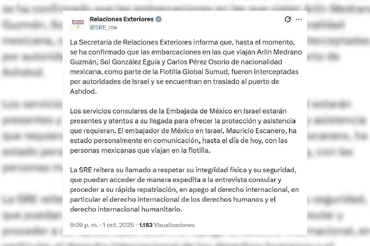 $!Cancillería confirma que 3 mexicanos fueron interceptados por autoridades de Israel; iban en flotilla rumbo a Gaza