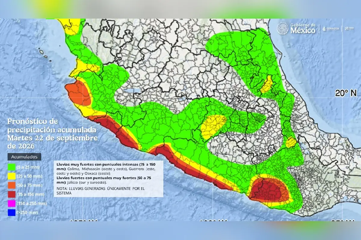 $!En el mapa se observa que para el día martes 22 de septiembre, se pronostican lluvias intensas en zonas de Colima, Michoacán, Guerrero y Oaxaca.