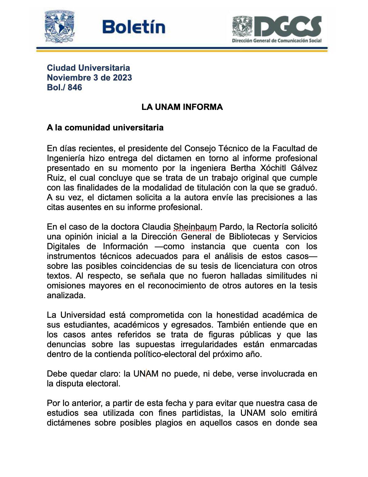 $!Niega la UNAM plagio en trabajos de titulación de Xóchitl y Sheinbaum