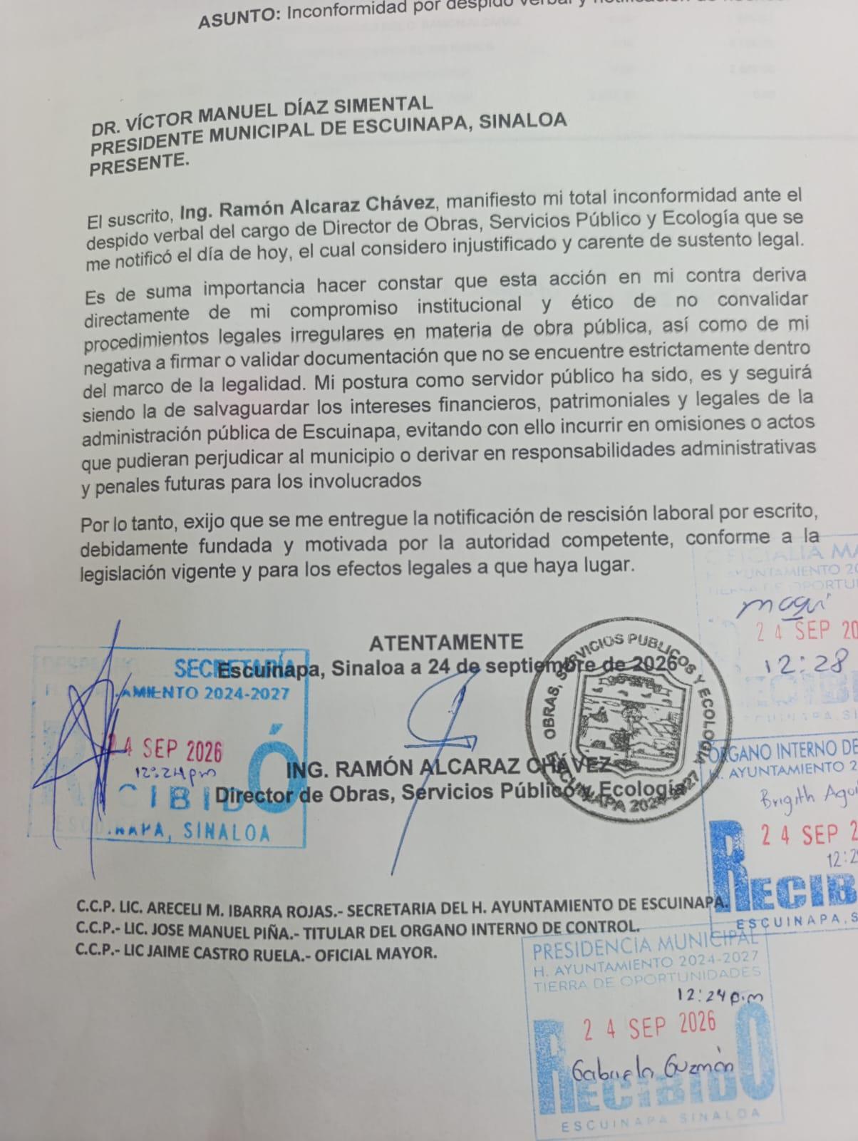 $!Confirma Ramón Alcaraz despido como director de Obras en Escuinapa