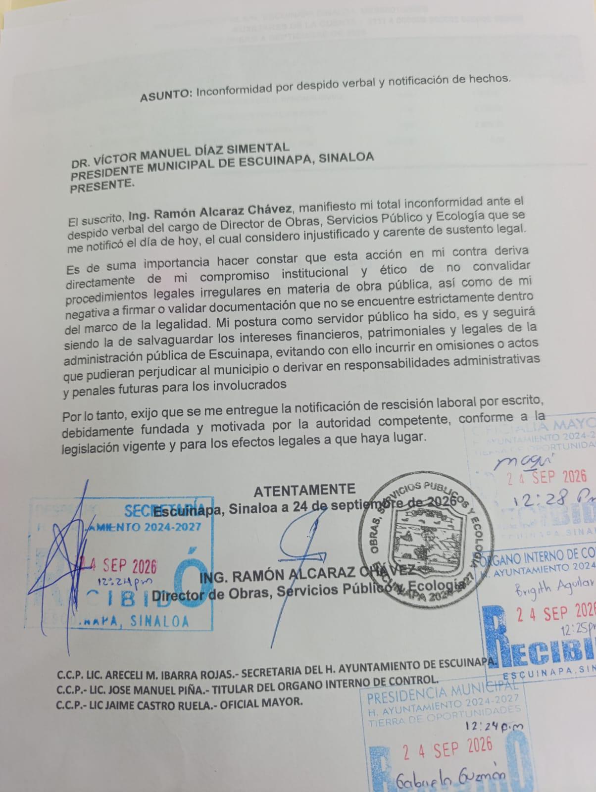 $!Confirma Ramón Alcaraz despido como director de Obras en Escuinapa