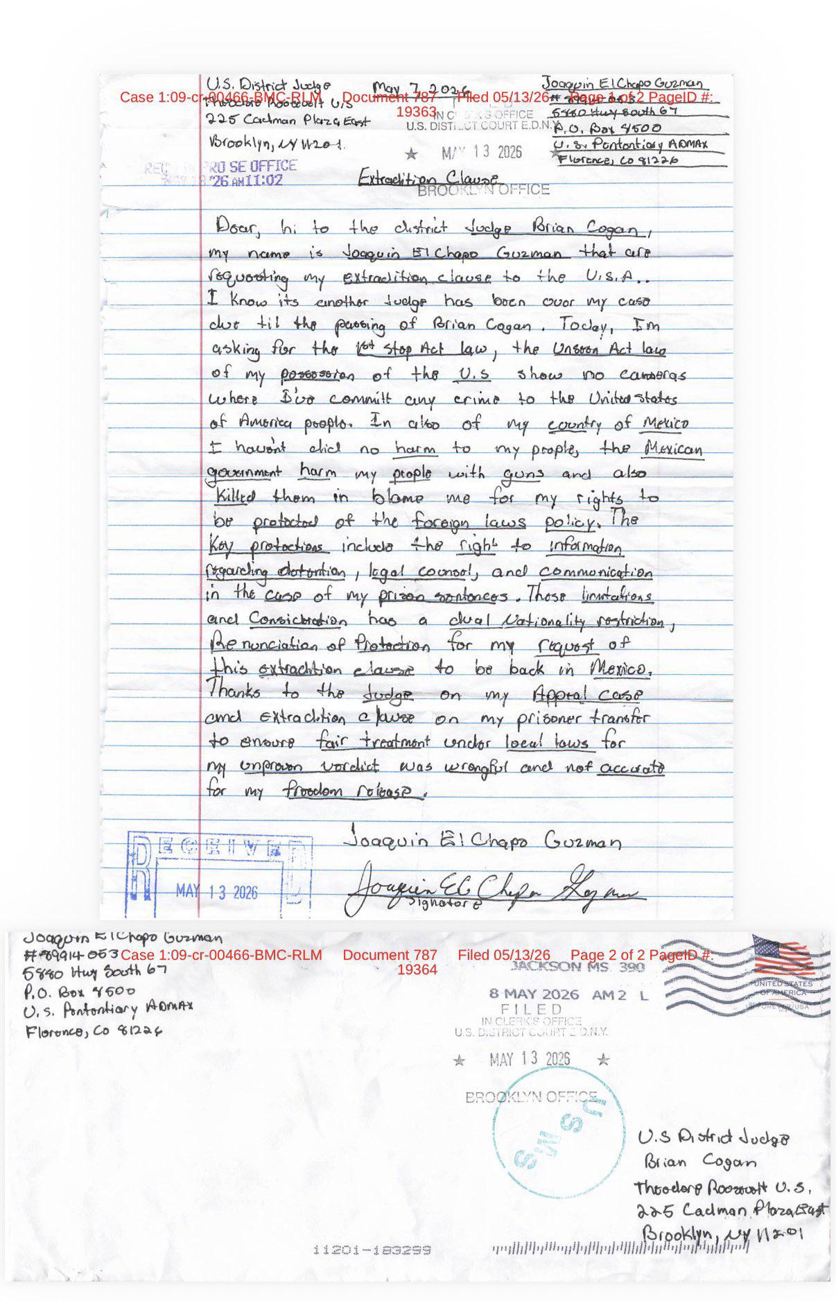 $!Insiste ‘El Chapo’ en regresar a México, envía séptima carta en la que culpa al gobierno por muertes