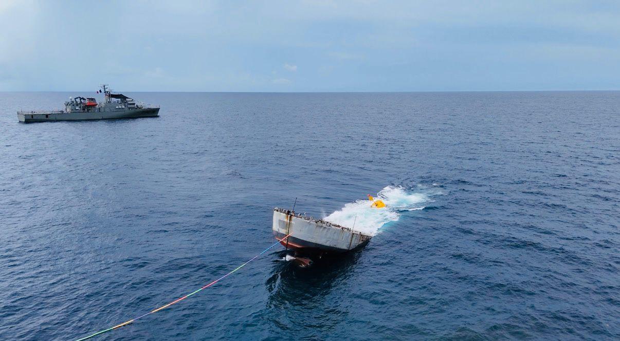 $!Realizan hundimiento controlado con el casco del ex buque ‘Zamora’ en el Sistema Arrecifal Artificial de Tamaulipas
