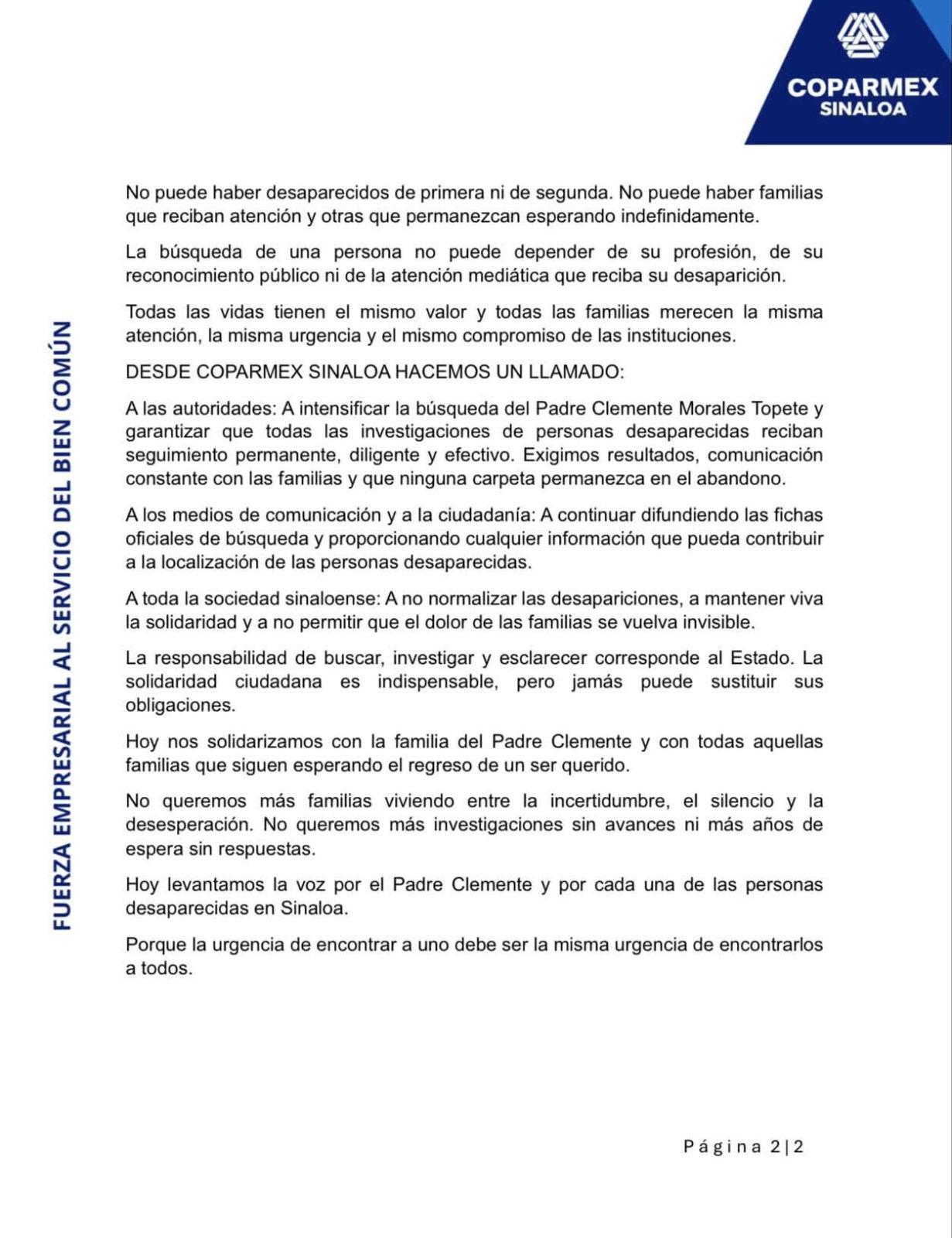 $!Exige Coparmex Sinaloa localización con vida del Padre Clemente Morales y atención para todos los desaparecidos