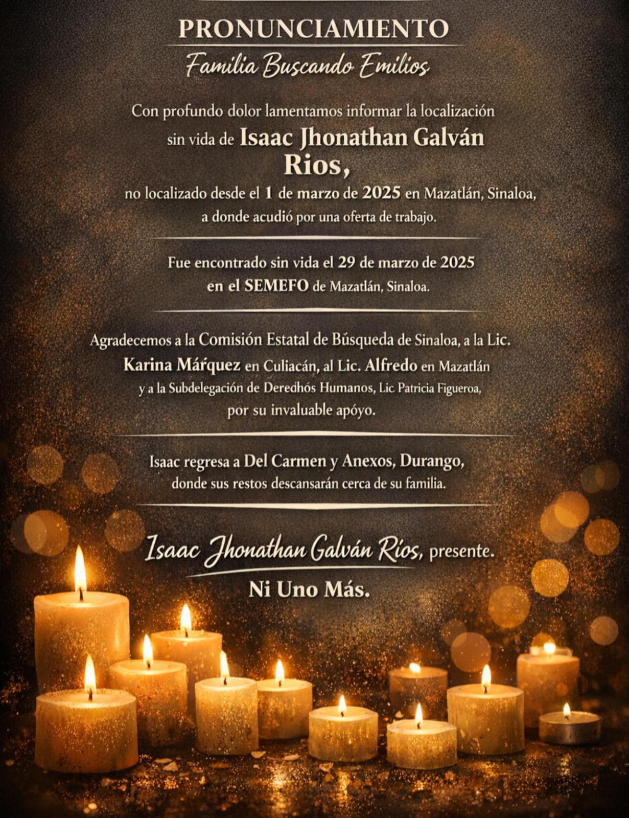 $!Tras permanecer más de un año en el Semefo de Mazatlán, regresan a Durango los restos de joven desaparecido en el puerto