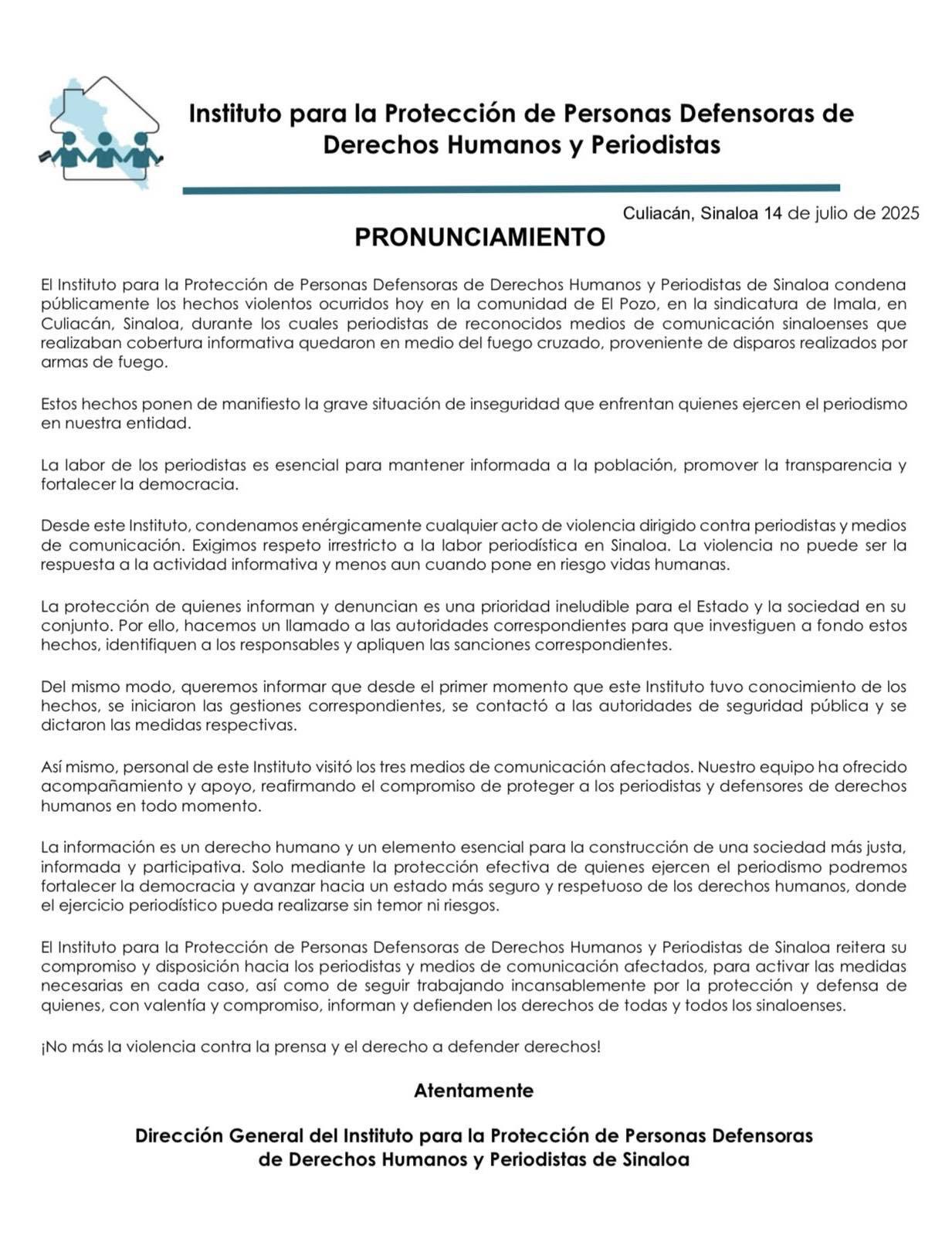 $!Instituto de Protección condena ataque armado en Imala que puso en riesgo a periodistas