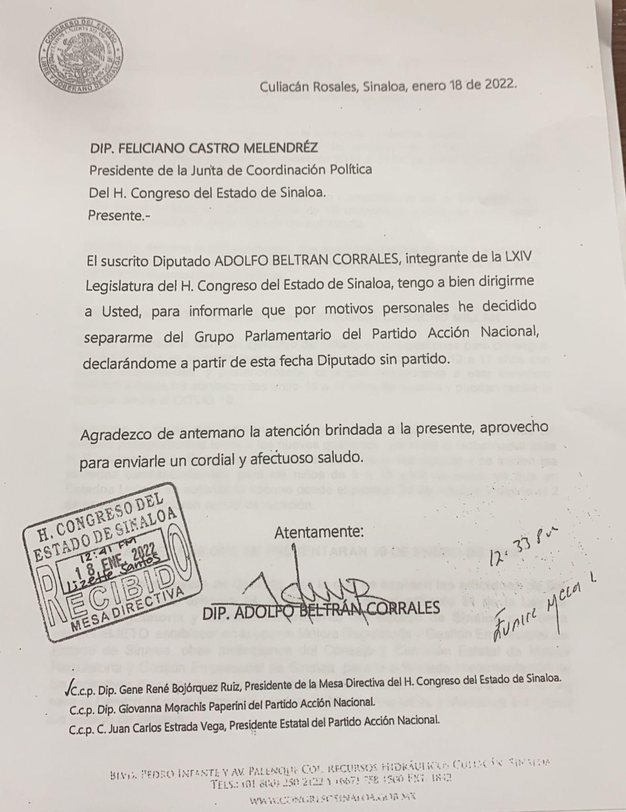 $!Adolfo Beltrán renuncia al grupo parlamentario del PAN en el Congreso de Sinaloa