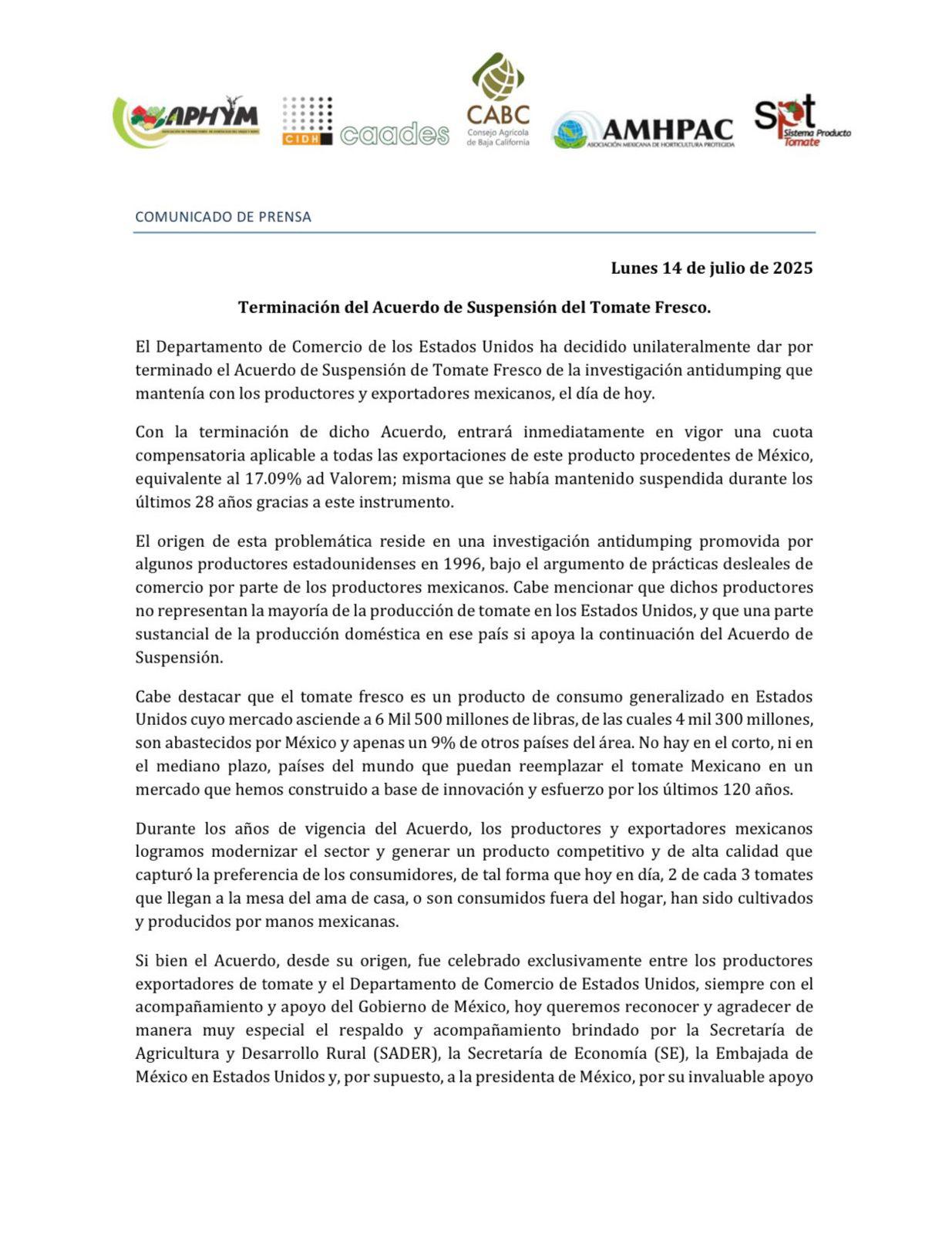 $!Exportadores mexicanos lamentan arancel del 17% impuesto por EU: ‘No hay quien reemplace al tomate mexicano’