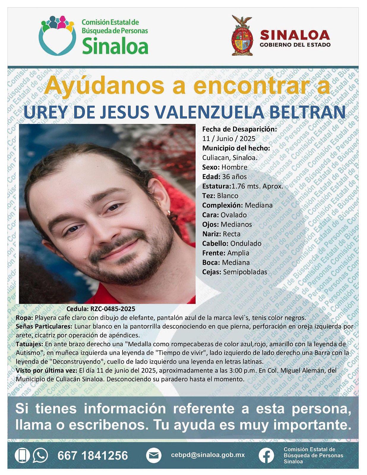 $!Buscan a Urey de Jesús Valenzuela, de 36 años, desaparecido en Culiacán