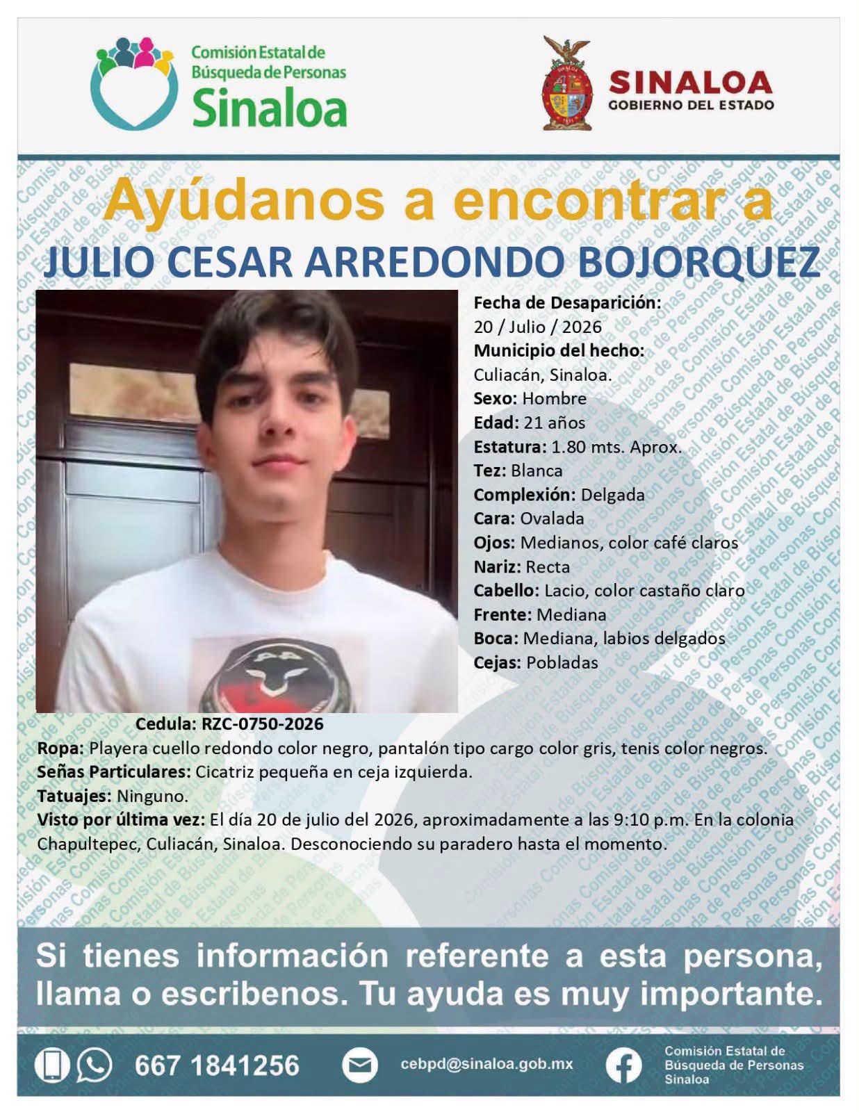 $!Buscan a Julio César, desaparecido en la colonia Chapultepec, en Culiacán