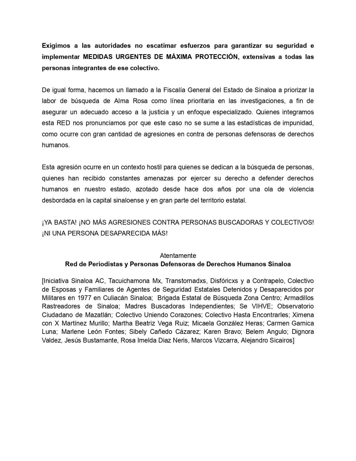 $!Exigen máxima protección para Alma Rosa Rojo; ataque evidencia riesgo para buscadoras, advierten