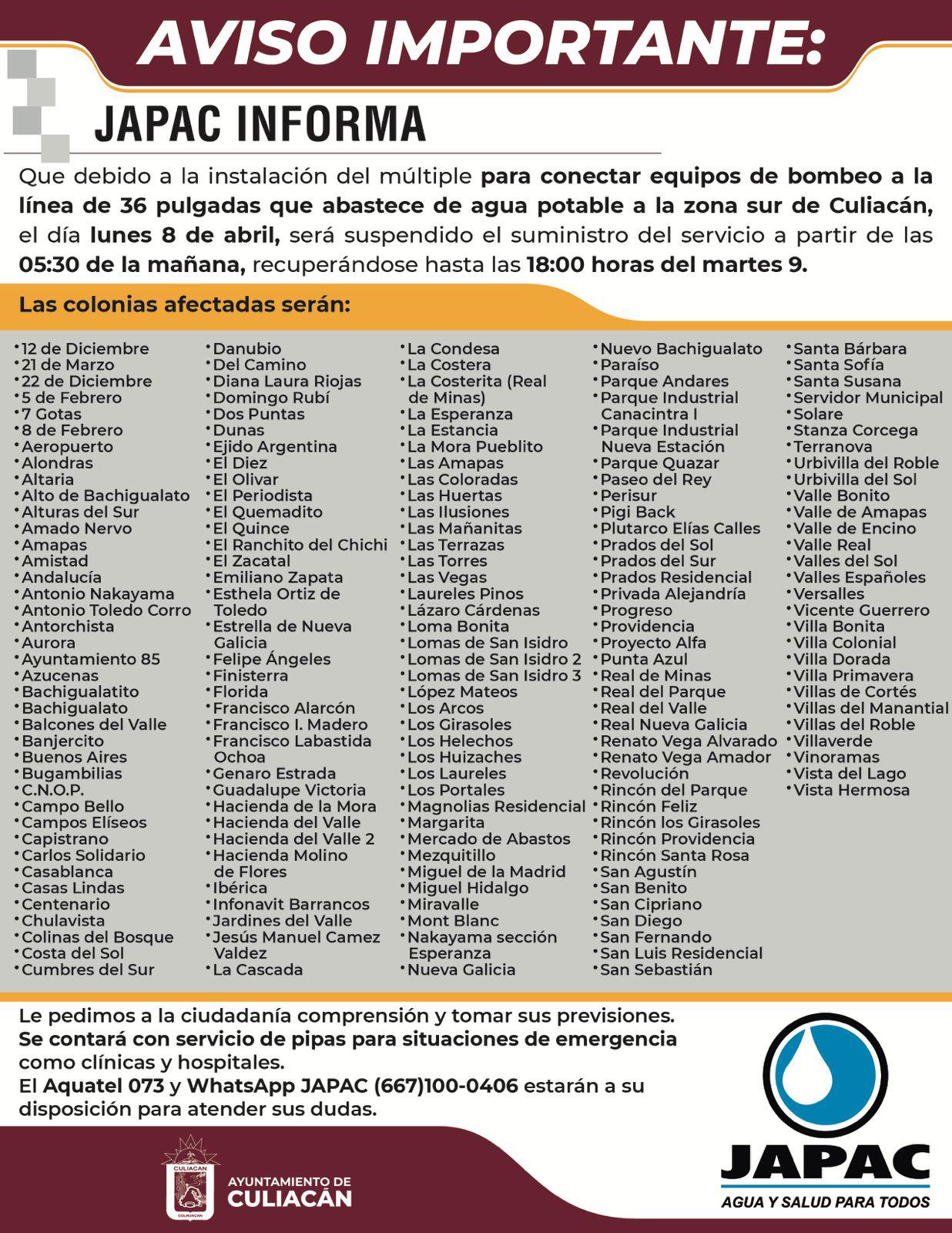 $!Suspenderá Japac servicio en el sur de Culiacán lunes y martes por compostura de línea