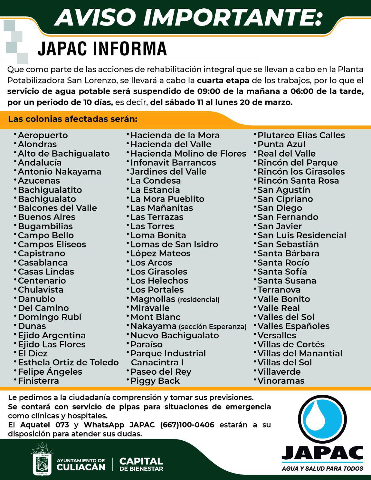 $!Mantendrá Japac suspensión de servicio en Culiacán hasta el 20 de marzo