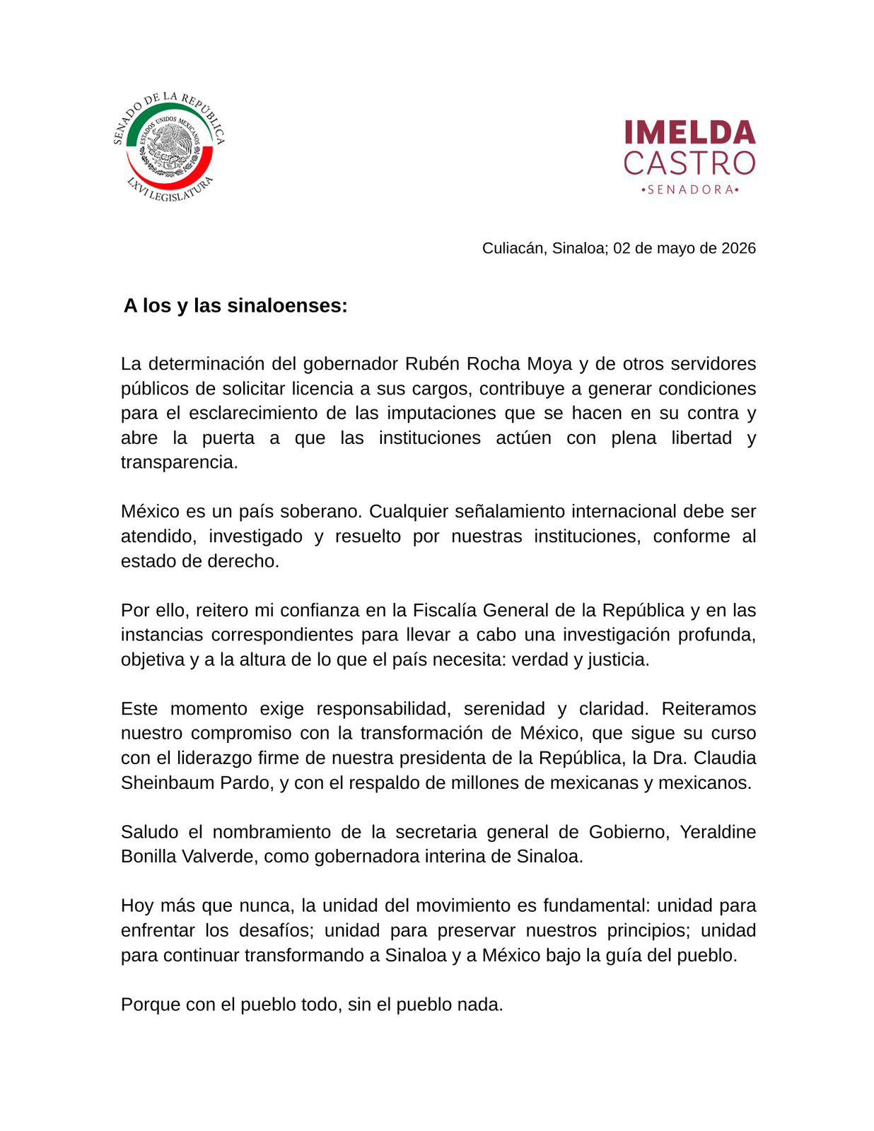 $!Respalda Imelda Castro licencia de Rubén Rocha Moya; llama a la unidad en Sinaloa