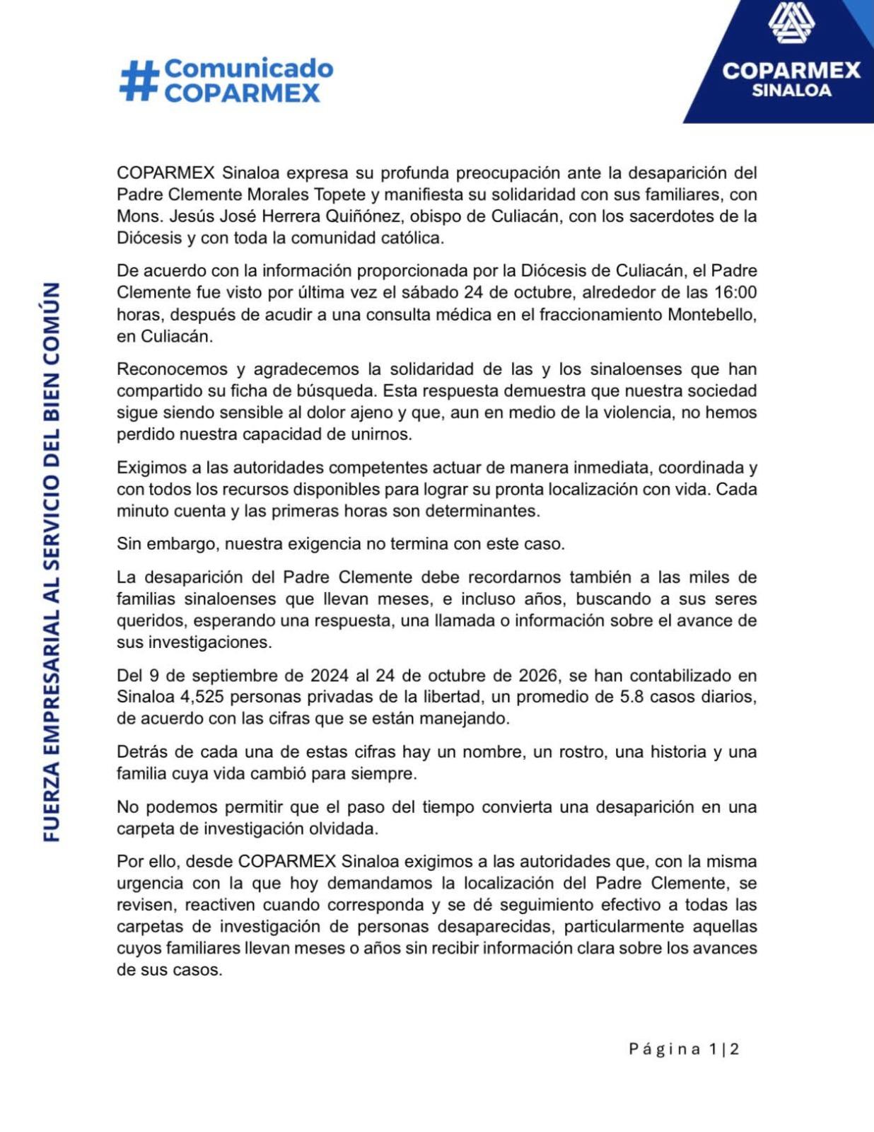 $!Exige Coparmex Sinaloa localización con vida del Padre Clemente Morales y atención para todos los desaparecidos