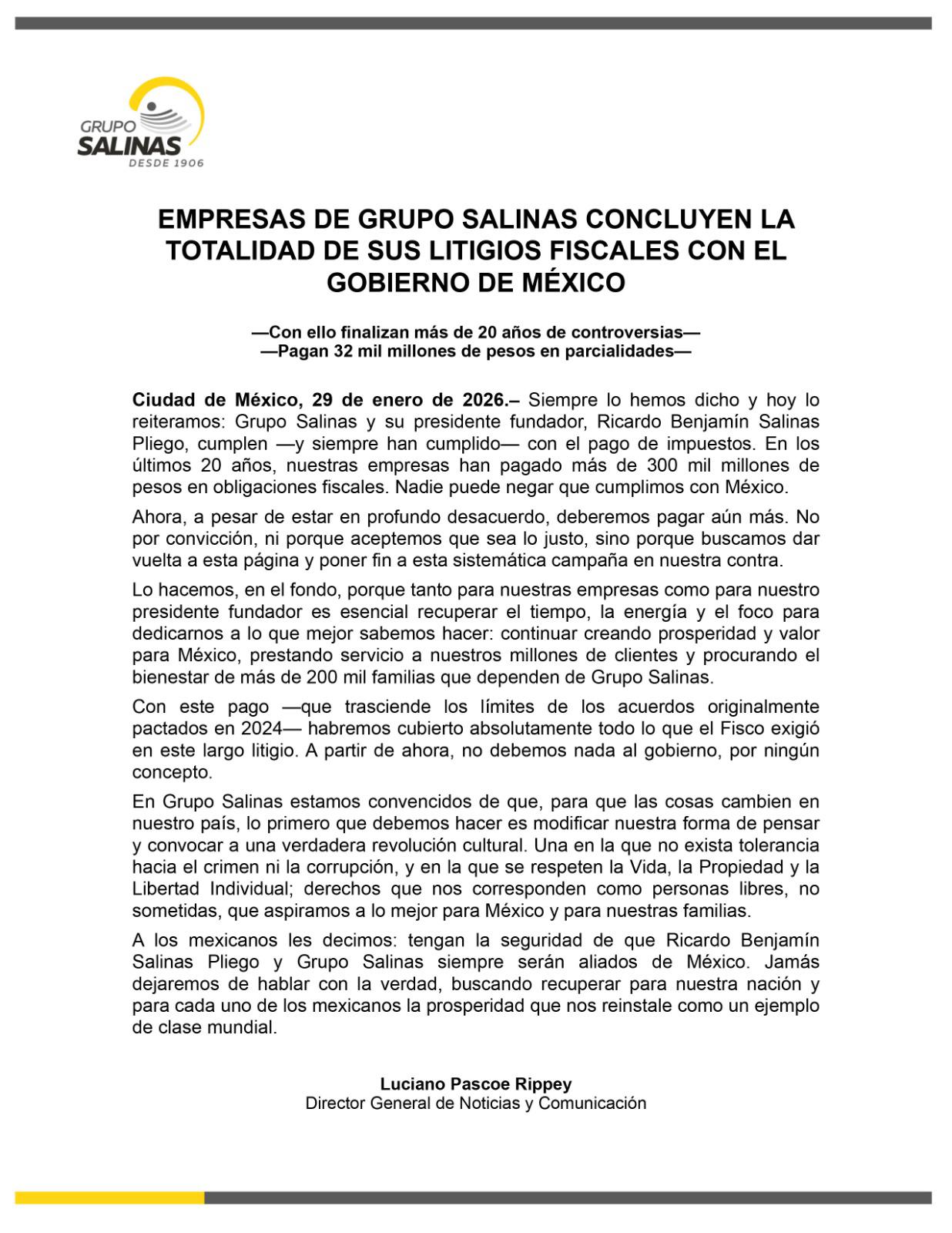 $!Grupo Salinas concluye 20 años de litigios fiscales y paga 32 mil millones de pesos al SAT