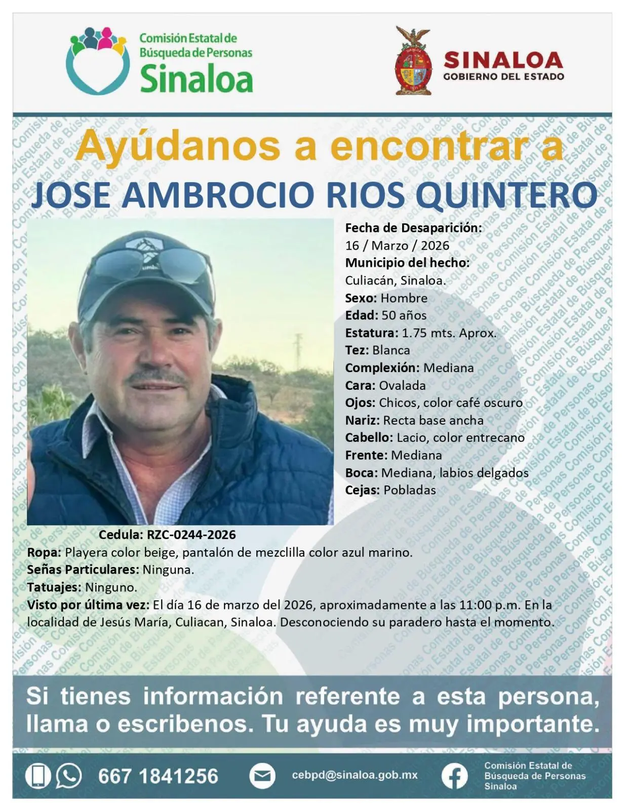 $!José Ambrocio desapareció en Jesús María, Culiacán; lo buscan desde la noche del lunes