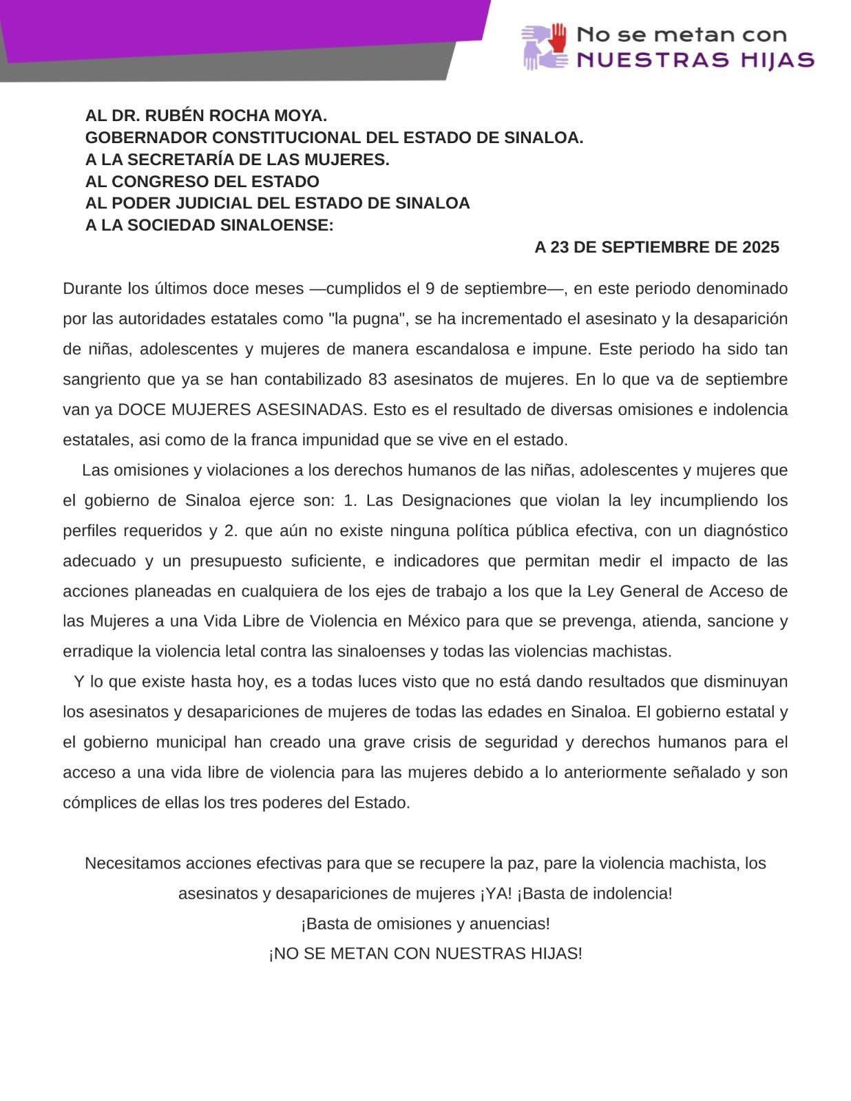 $!Colectivo denuncia incremento de asesinatos y desapariciones de mujeres en Sinaloa en medio de crisis de violencia
