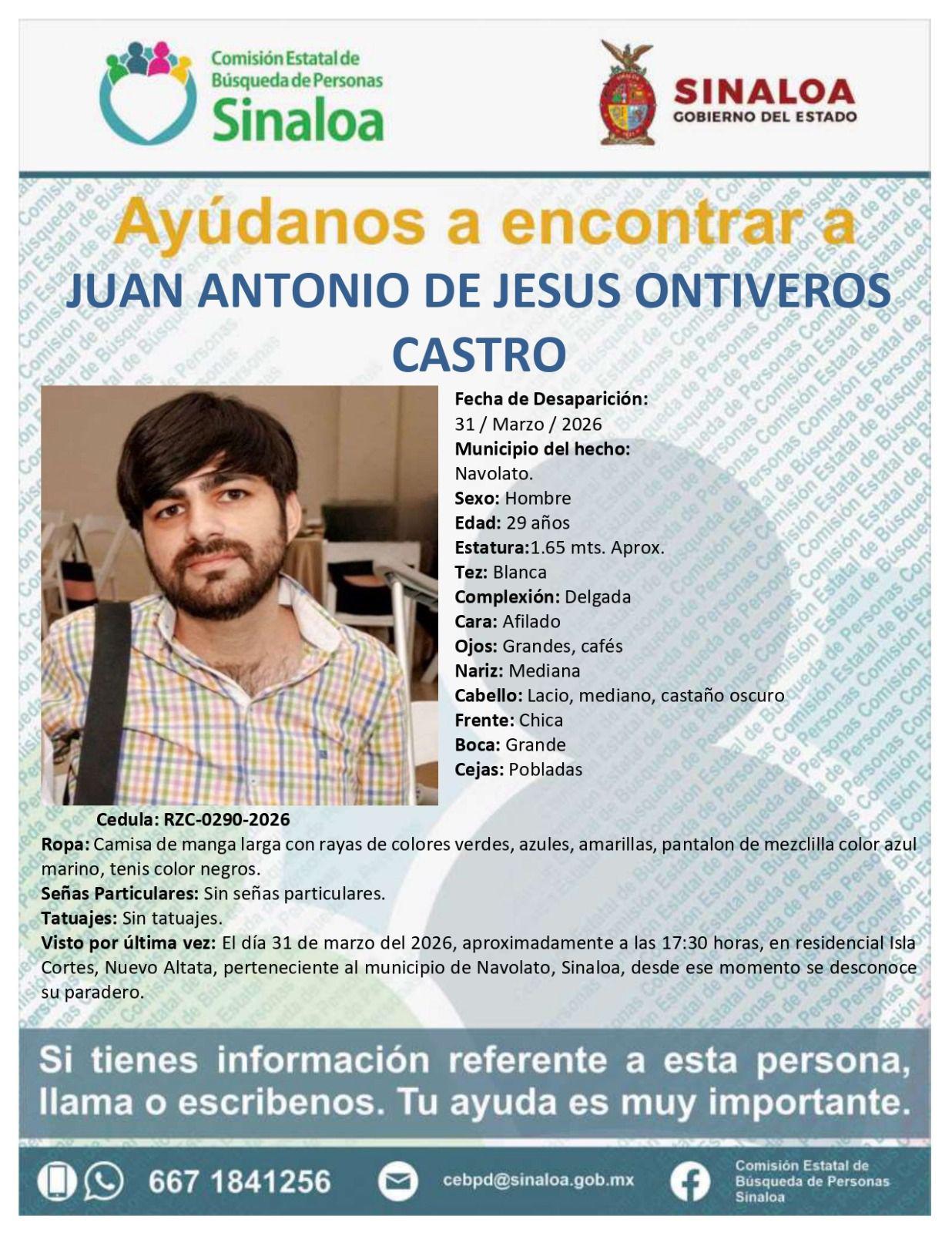 $!Buscan a Juan Antonio de Jesús; fue privado de la libertad en Isla Cortés, Navolato