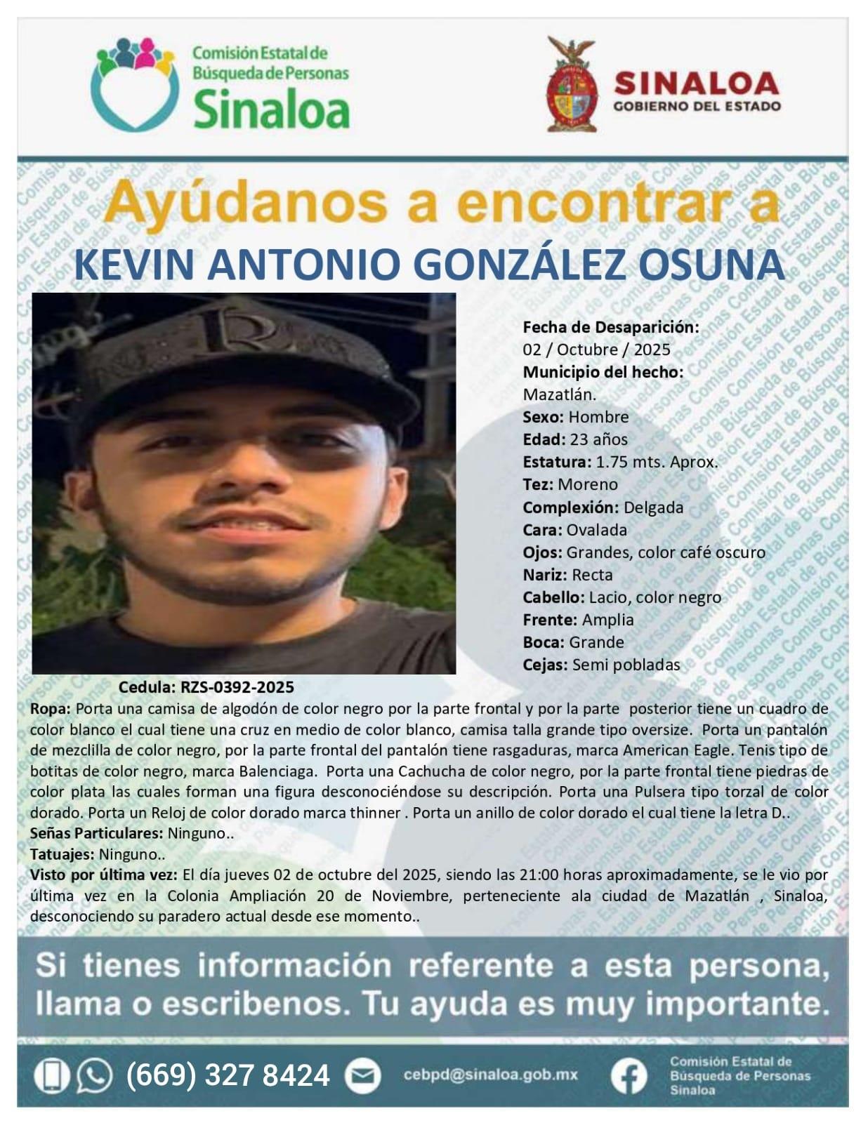 $!Desaparece Kevin Antonio, de 23 años, en la colonia Ampliación 20 de Noviembre, en Mazatlán