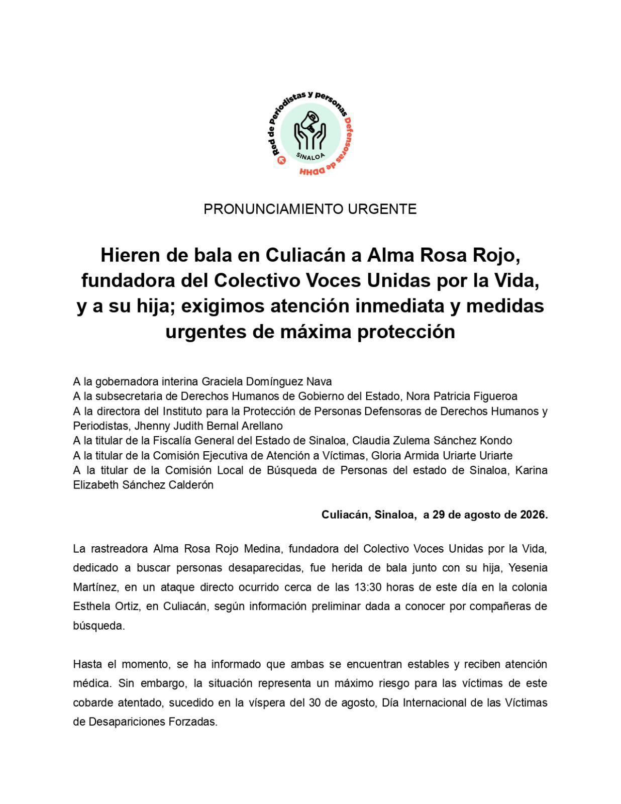 $!Exigen máxima protección para Alma Rosa Rojo; ataque evidencia riesgo para buscadoras, advierten