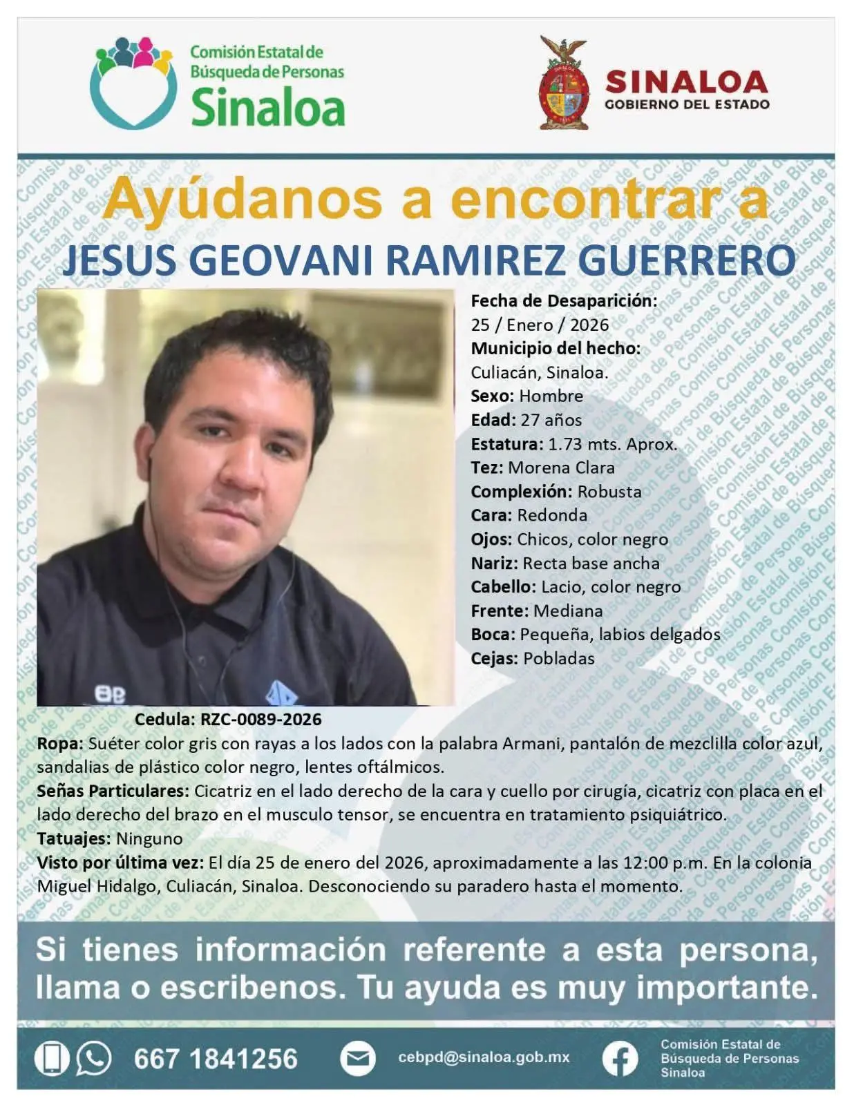 $!Salió de su casa hacia La Lomita y no regresó; Jesús Geovani tiene dos meses desaparecido en Culiacán