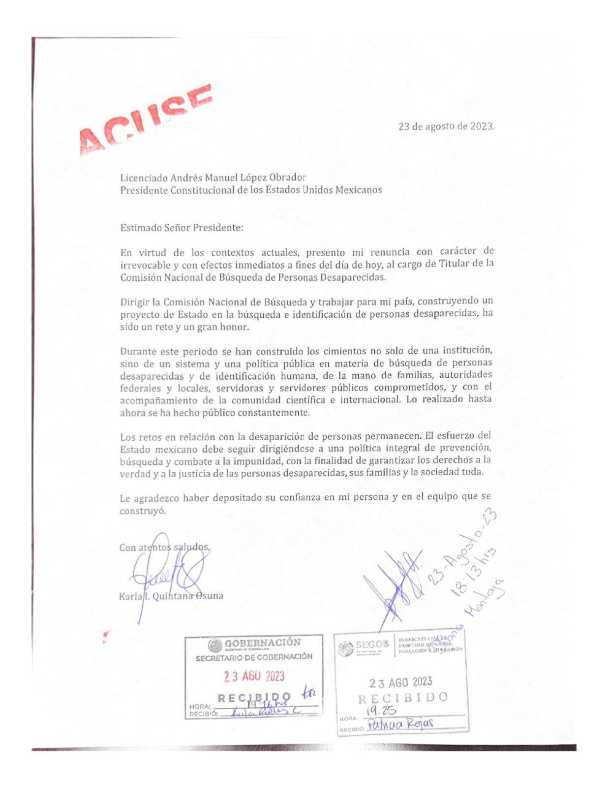 $!Imagen del acuse de la renuncia de la extitular de la CNB Karla Quintana publicado en su cuenta de X.